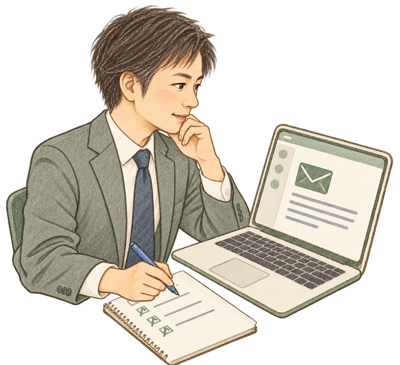 髙橋がメールの下書きを確認するイラスト